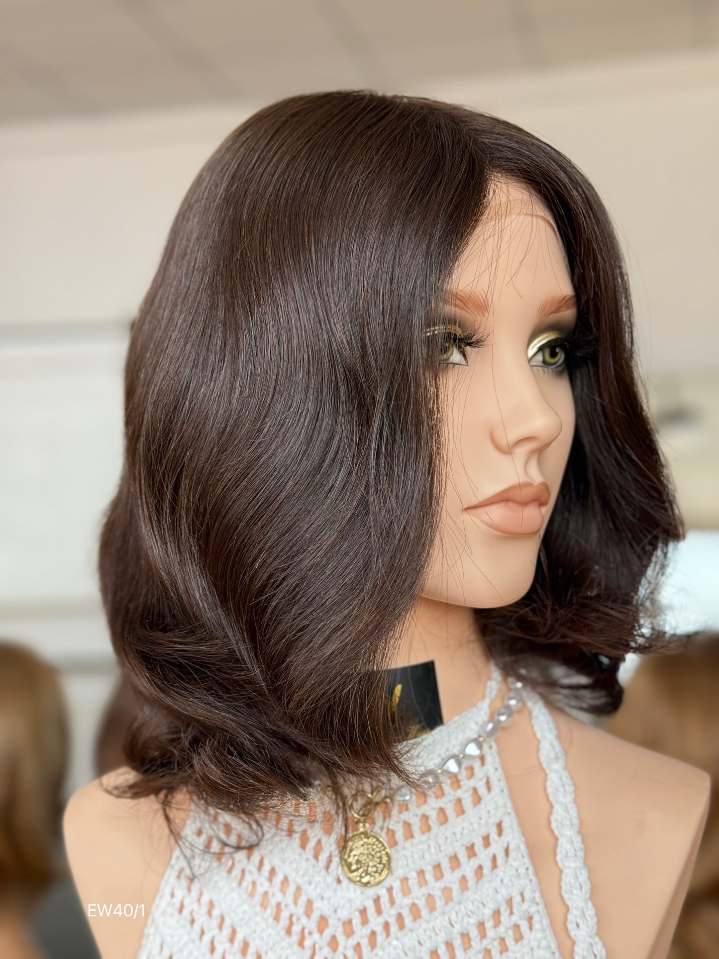 Deep Chocolate Brown Shoulder-Length Layered Silk Top Human Hair Medical Wig - Europe Dispatch - wearing and style detail