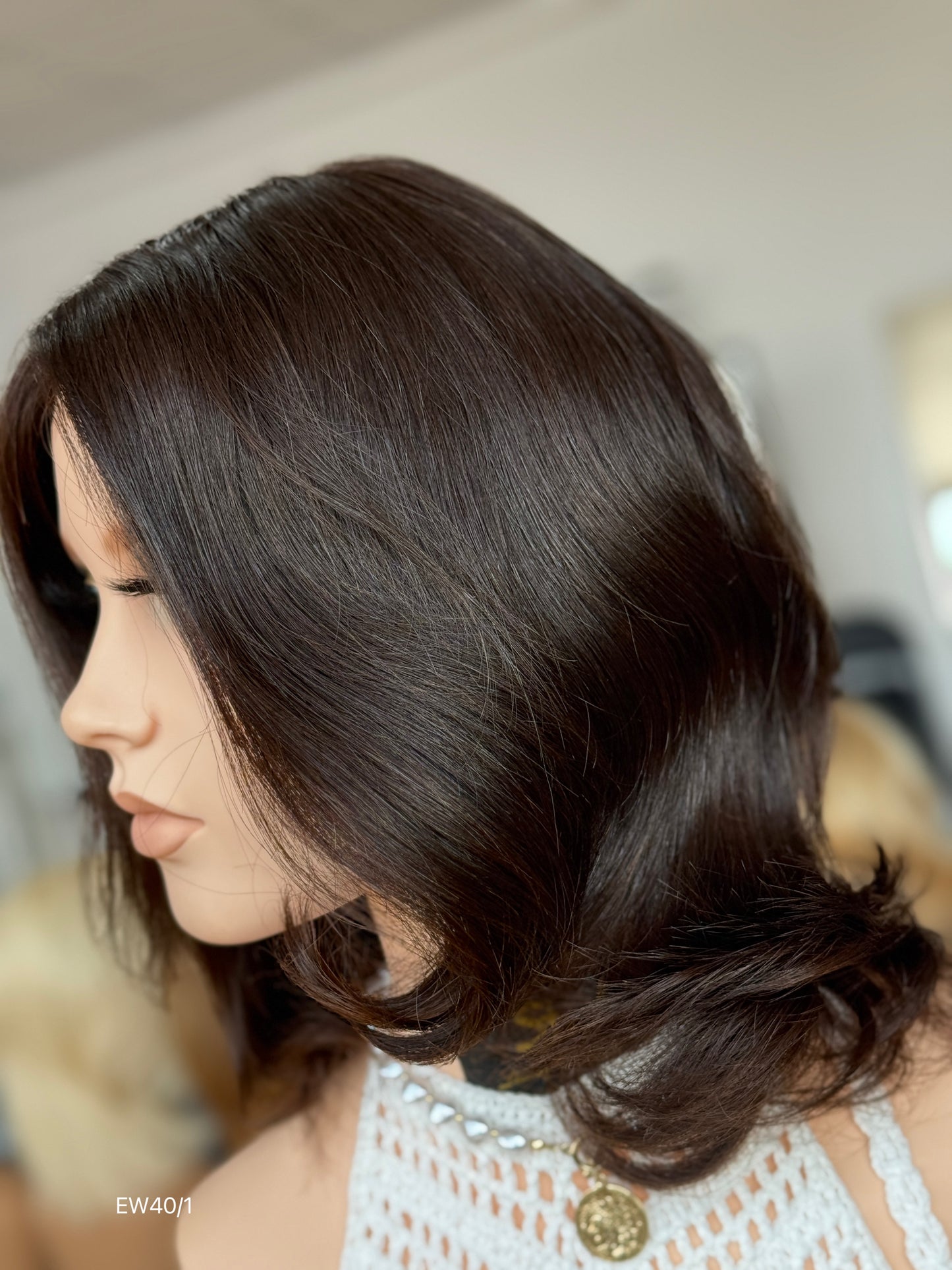 Deep Chocolate Brown Shoulder-Length Layered Silk Top Human Hair Medical Wig - Europe Dispatch - wearing and style detail