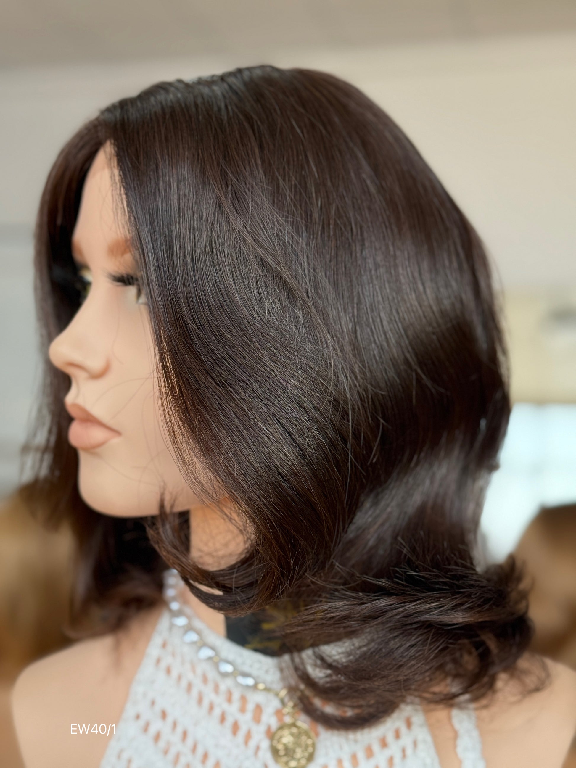 Deep Chocolate Brown Shoulder-Length Layered Silk Top Human Hair Medical Wig - Europe Dispatch - wearing and style detail