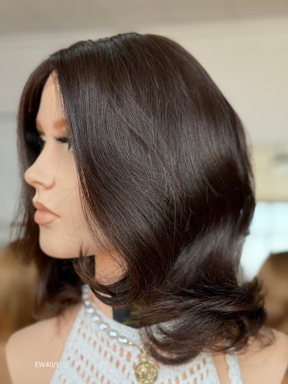 Deep Chocolate Brown Shoulder-Length Layered Silk Top Human Hair Medical Wig - Europe Dispatch - wearing and style detail