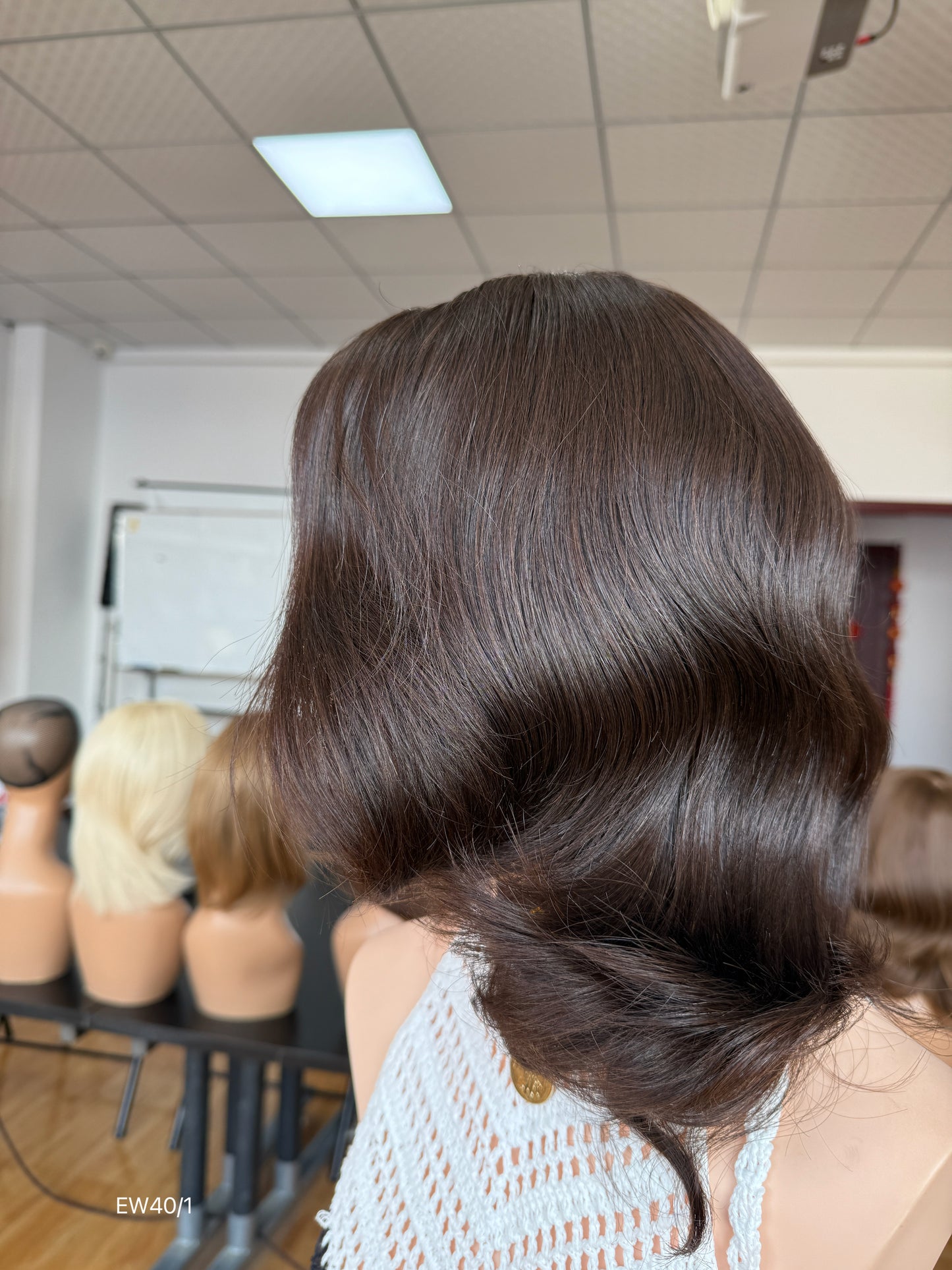 Deep Chocolate Brown Shoulder-Length Layered Silk Top Human Hair Medical Wig - Europe Dispatch - wearing and style detail