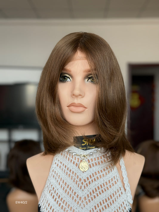 Light Chestnut Brown Shoulder-Length Layered Silk Top Human Hair Medical Wig - Europe Dispatch - featured wearing view