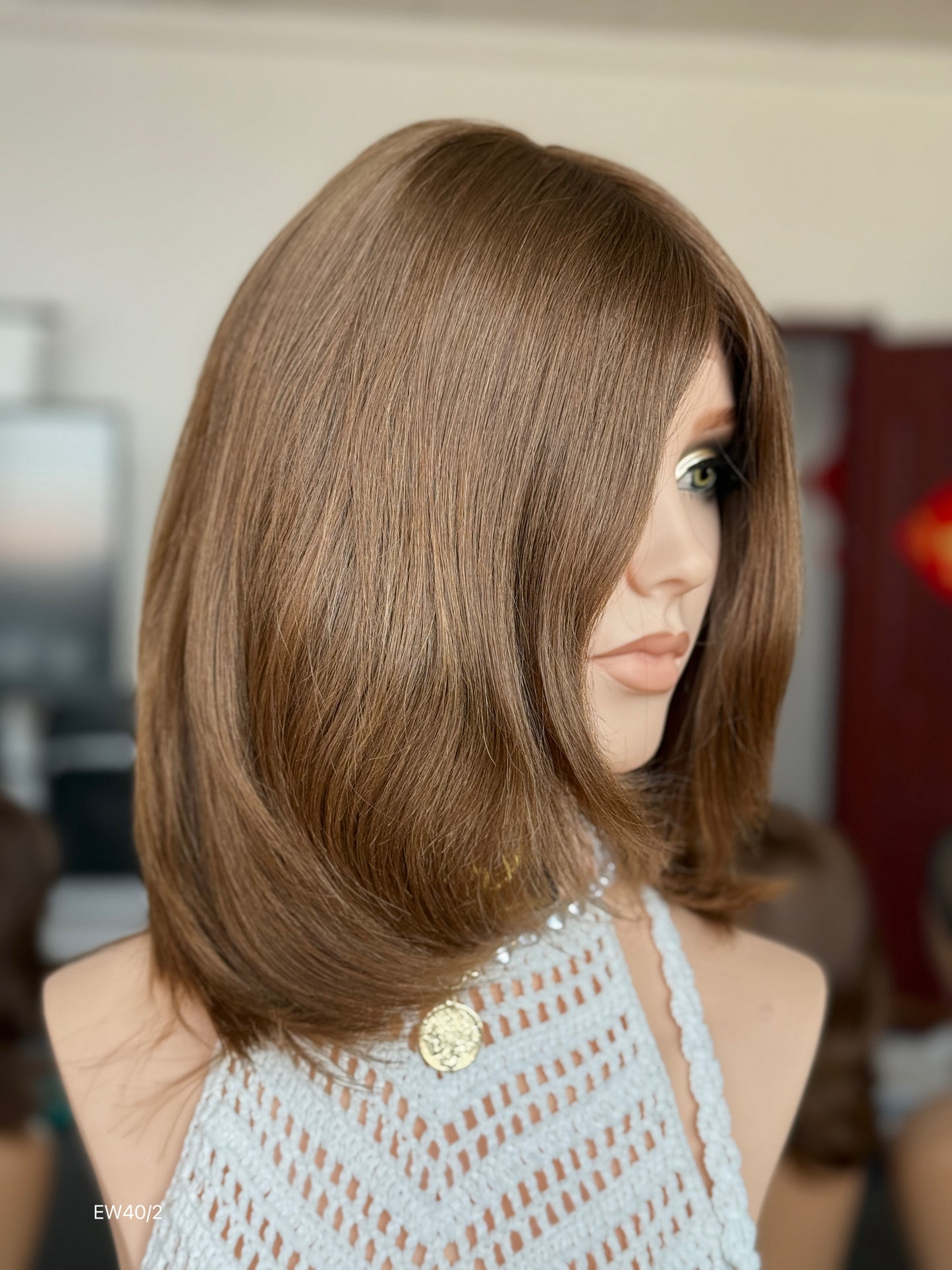 Light Chestnut Brown Shoulder-Length Layered Silk Top Human Hair Medical Wig - Europe Dispatch - wearing and style detail