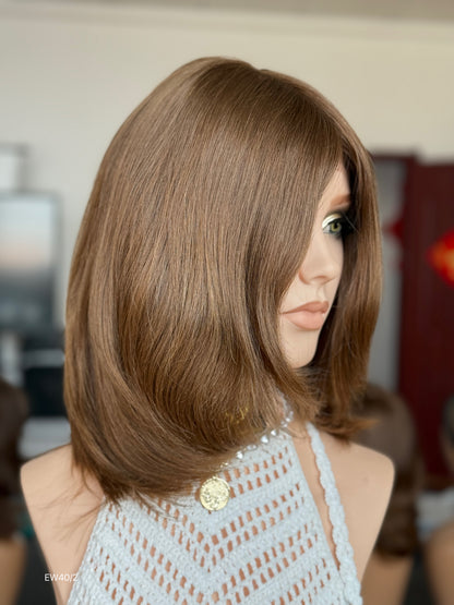 Light Chestnut Brown Shoulder-Length Layered Silk Top Human Hair Medical Wig - Europe Dispatch - wearing and style detail