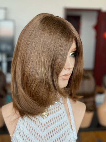 Light Chestnut Brown Shoulder-Length Layered Silk Top Human Hair Medical Wig - Europe Dispatch - wearing and style detail