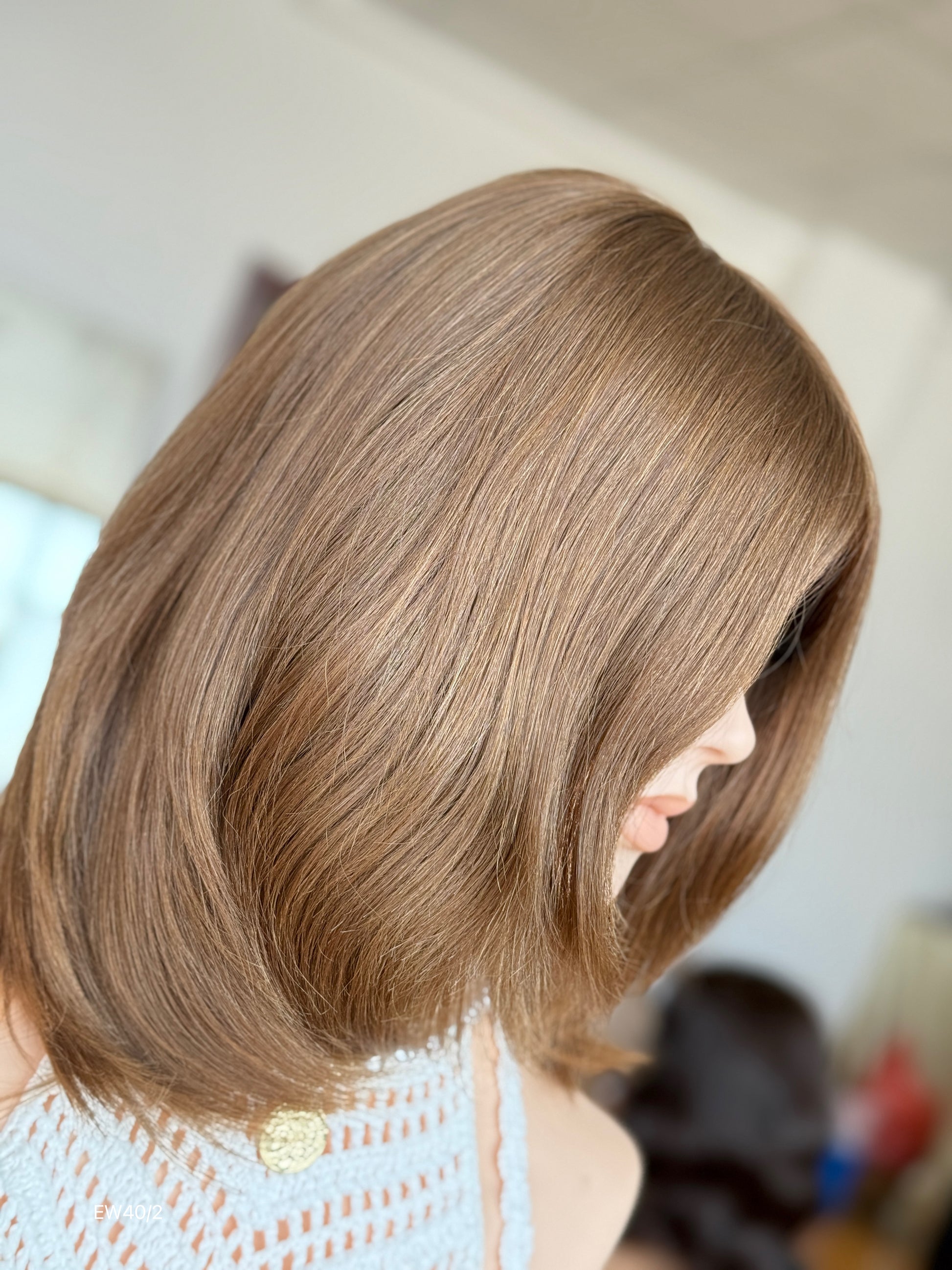 Light Chestnut Brown Shoulder-Length Layered Silk Top Human Hair Medical Wig - Europe Dispatch - wearing and style detail