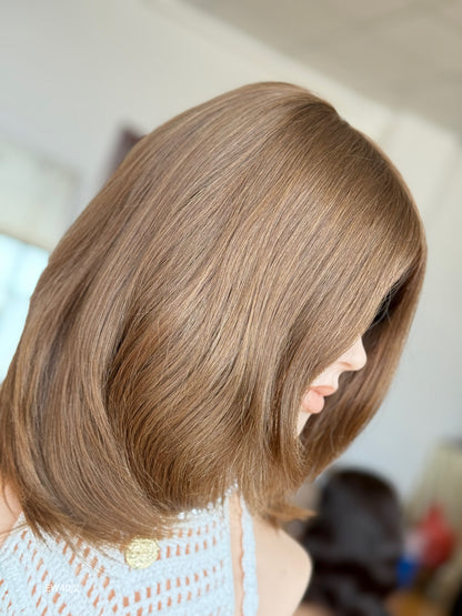 Light Chestnut Brown Shoulder-Length Layered Silk Top Human Hair Medical Wig - Europe Dispatch - wearing and style detail
