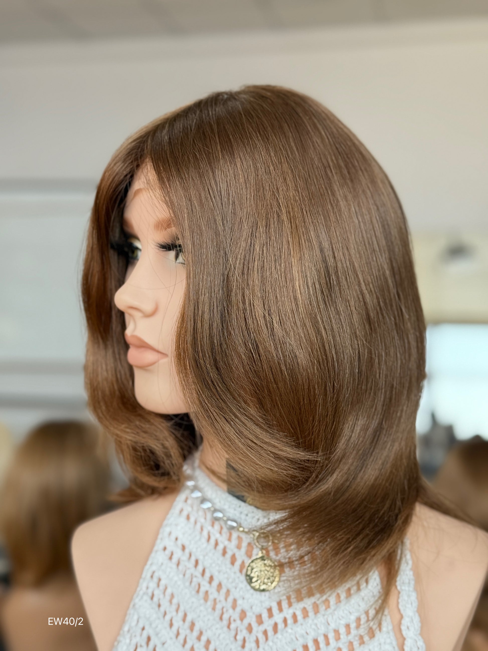 Light Chestnut Brown Shoulder-Length Layered Silk Top Human Hair Medical Wig - Europe Dispatch - wearing and style detail