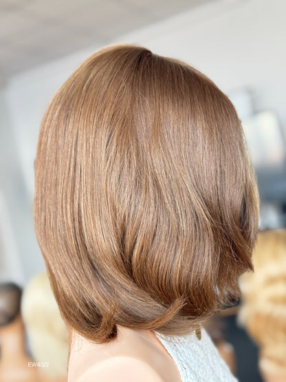 Light Chestnut Brown Shoulder-Length Layered Silk Top Human Hair Medical Wig - Europe Dispatch - wearing and style detail