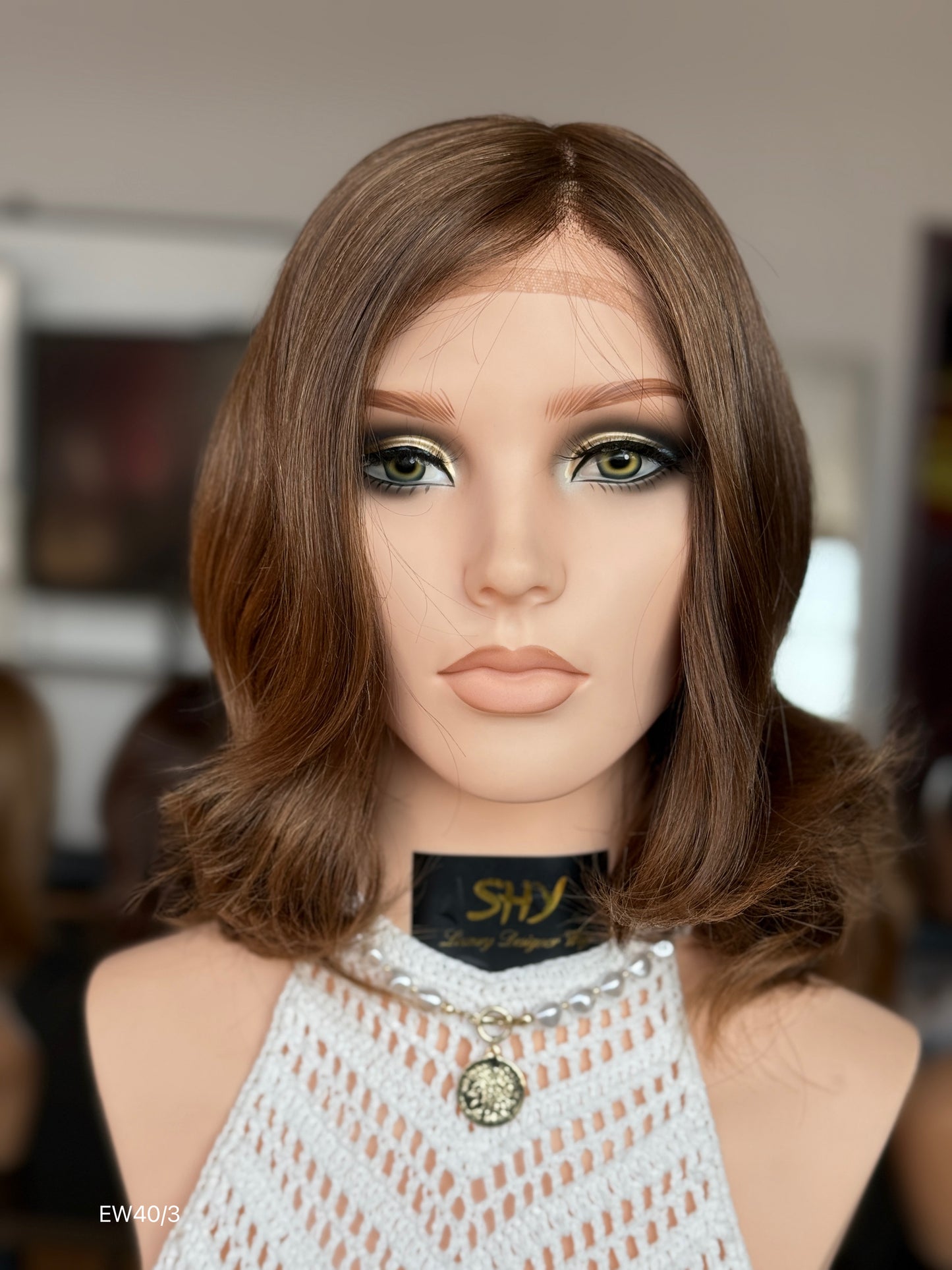 Warm Chestnut Brown Medium-Length Wavy Silk Top Human Hair Medical Wig - Europe Dispatch - featured wearing view