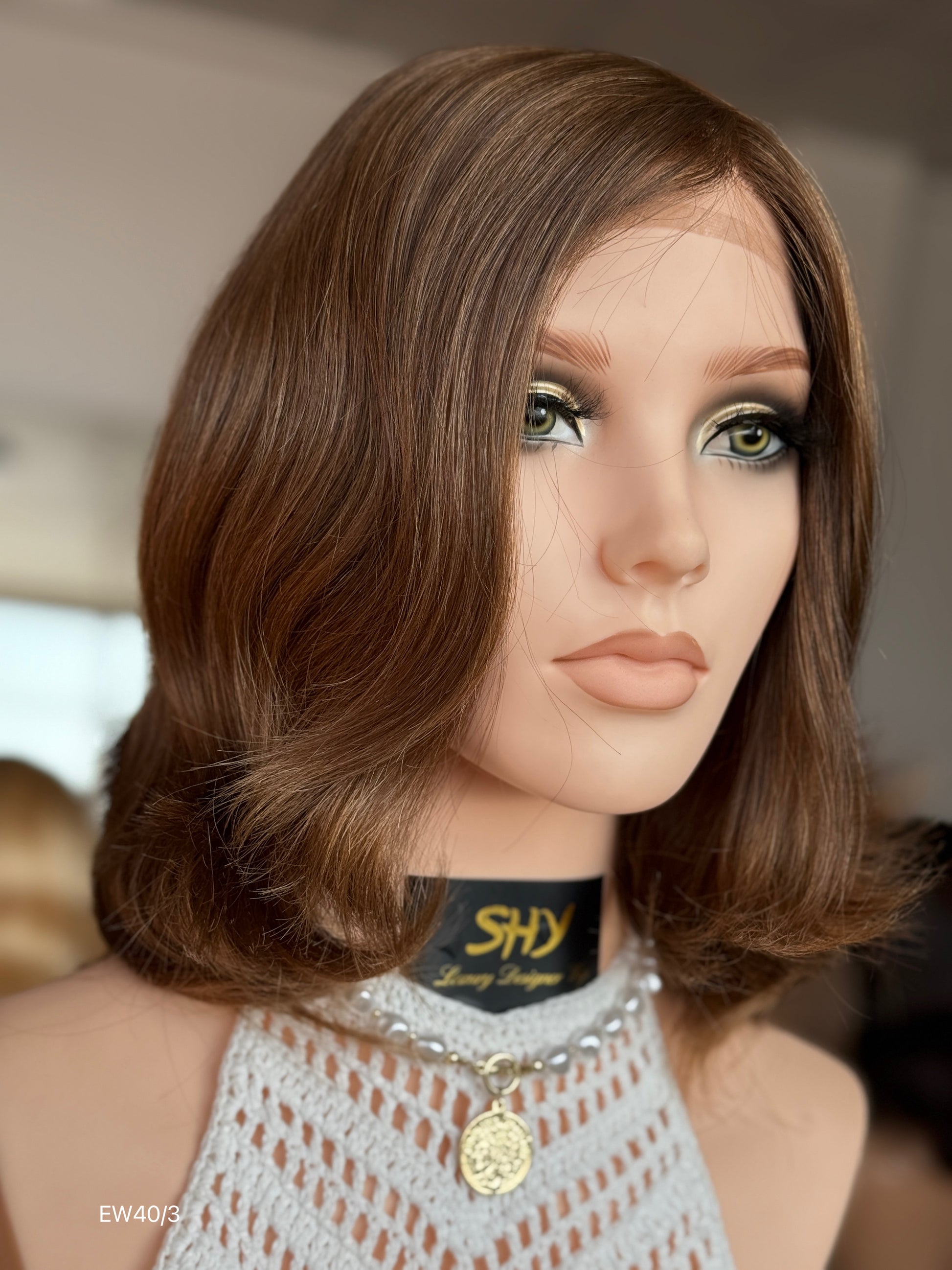 Warm Chestnut Brown Medium-Length Wavy Silk Top Human Hair Medical Wig - Europe Dispatch - wearing and style detail