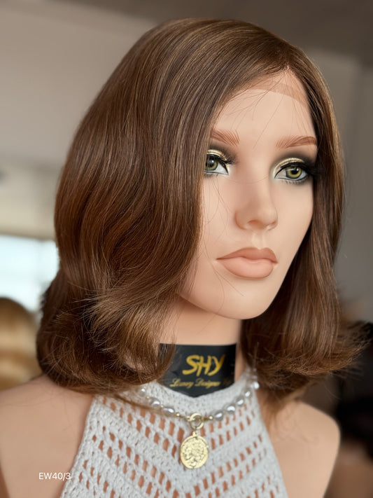 Warm Chestnut Brown Medium-Length Wavy Silk Top Human Hair Medical Wig - Europe Dispatch - wearing and style detail — alternate view