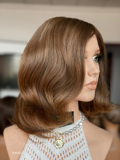 Warm Chestnut Brown Medium-Length Wavy Silk Top Human Hair Medical Wig - Europe Dispatch - wearing and style detail