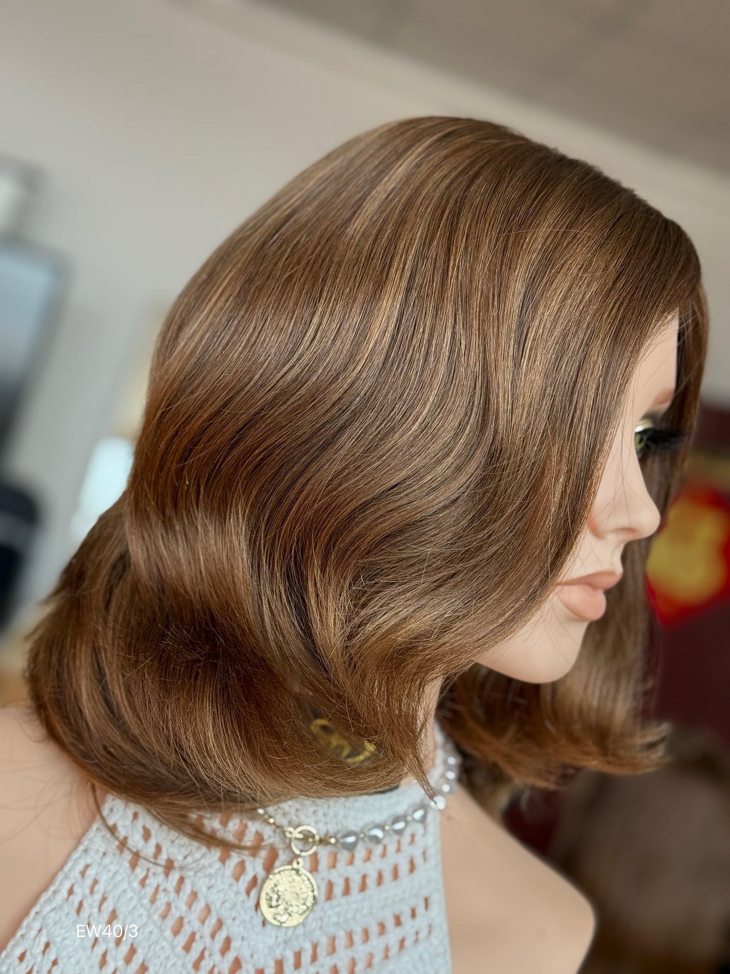 Warm Chestnut Brown Medium-Length Wavy Silk Top Human Hair Medical Wig - Europe Dispatch - wearing and style detail
