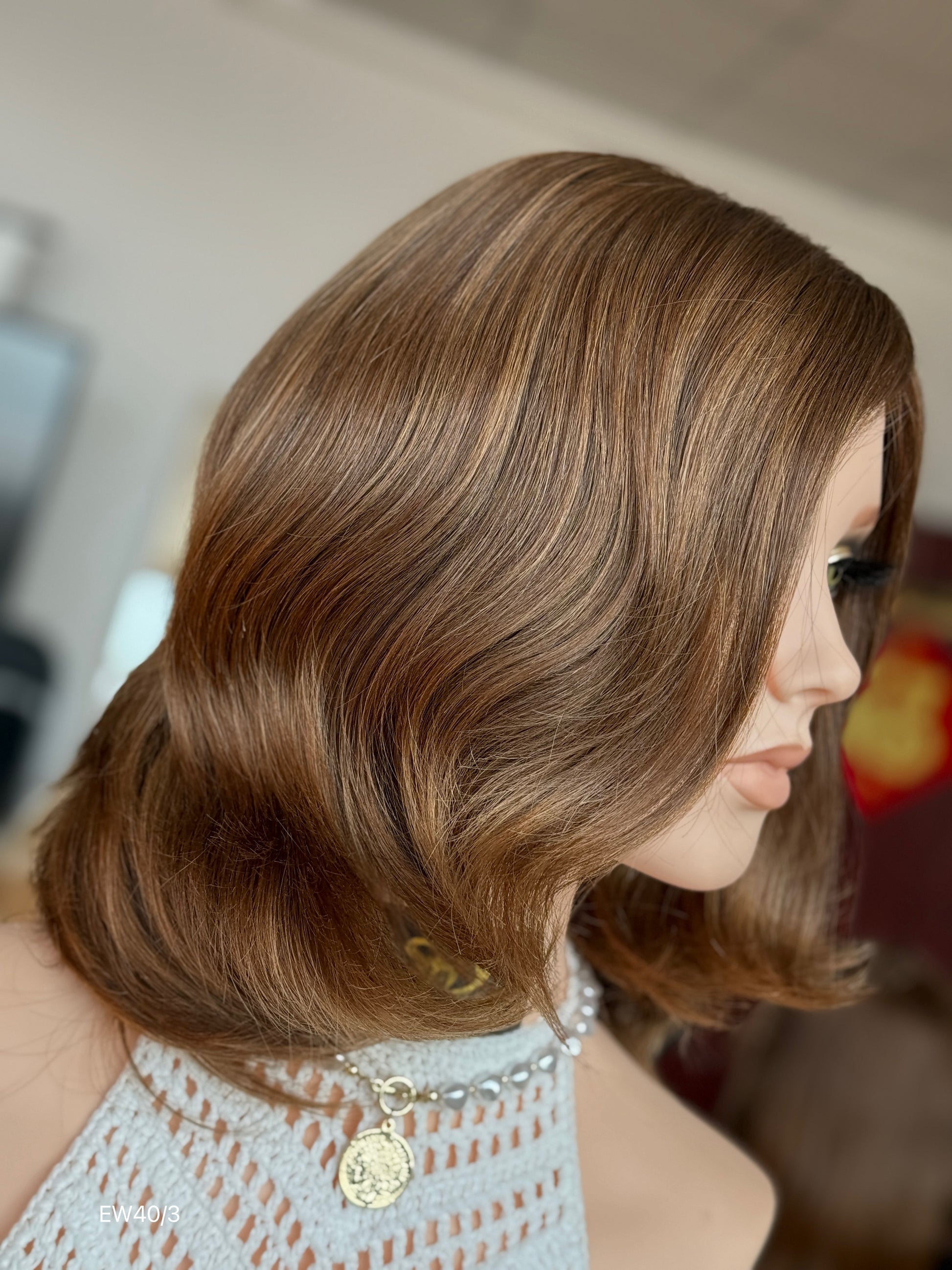 Warm Chestnut Brown Medium-Length Wavy Silk Top Human Hair Medical Wig - Europe Dispatch - wearing and style detail