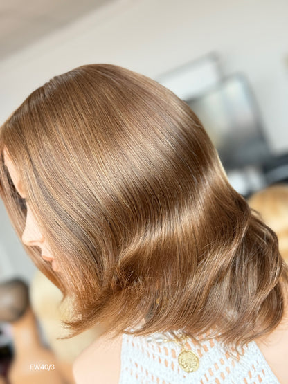 Warm Chestnut Brown Medium-Length Wavy Silk Top Human Hair Medical Wig - Europe Dispatch - wearing and style detail