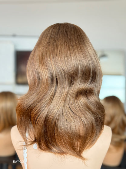Warm Chestnut Brown Medium-Length Wavy Silk Top Human Hair Medical Wig - Europe Dispatch - wearing and style detail