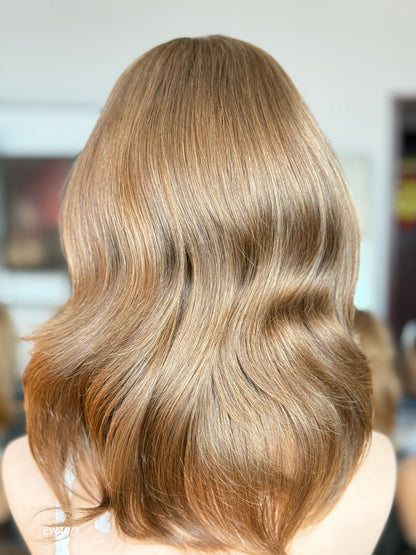 Warm Chestnut Brown Medium-Length Wavy Silk Top Human Hair Medical Wig - Europe Dispatch - wearing and style detail