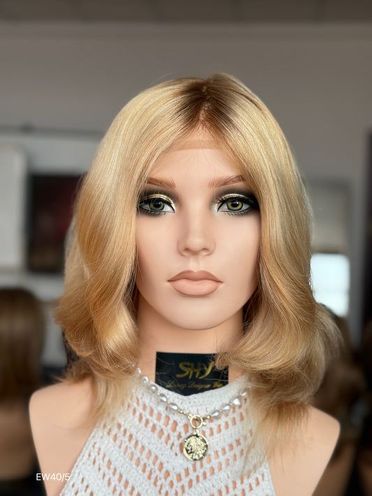 Honey Blonde Medium-Length Wavy Silk Top Human Hair Medical Wig - Europe Dispatch - featured wearing view