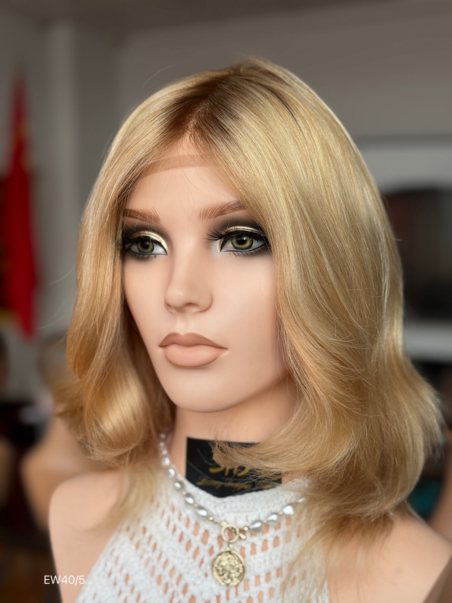 Honey Blonde Medium-Length Wavy Silk Top Human Hair Medical Wig - Europe Dispatch - wearing and style detail