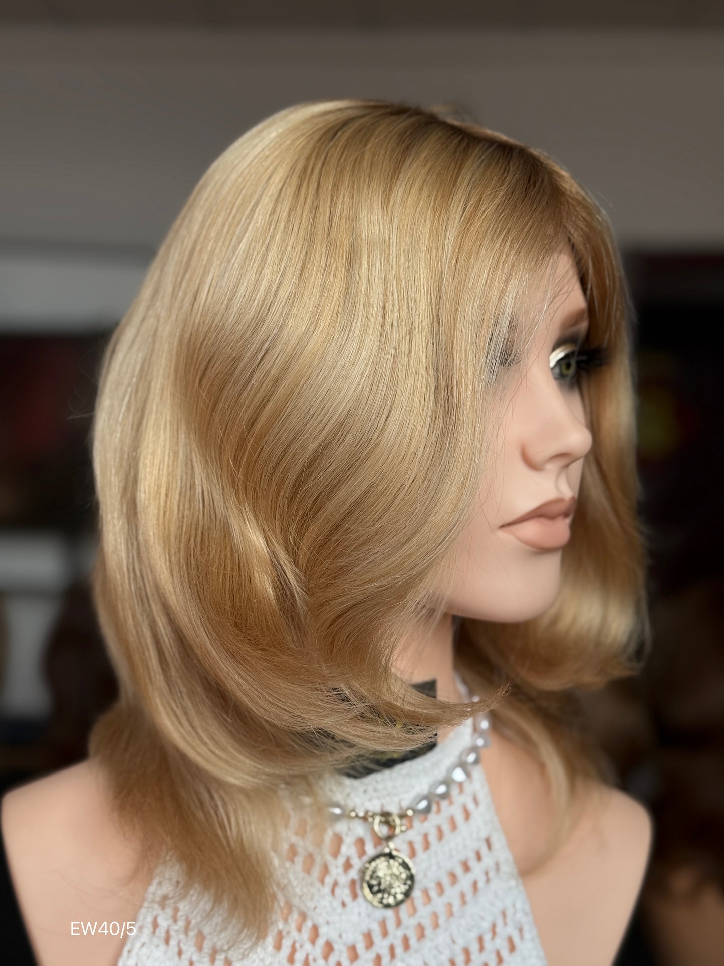 Honey Blonde Medium-Length Wavy Silk Top Human Hair Medical Wig - Europe Dispatch - wearing and style detail