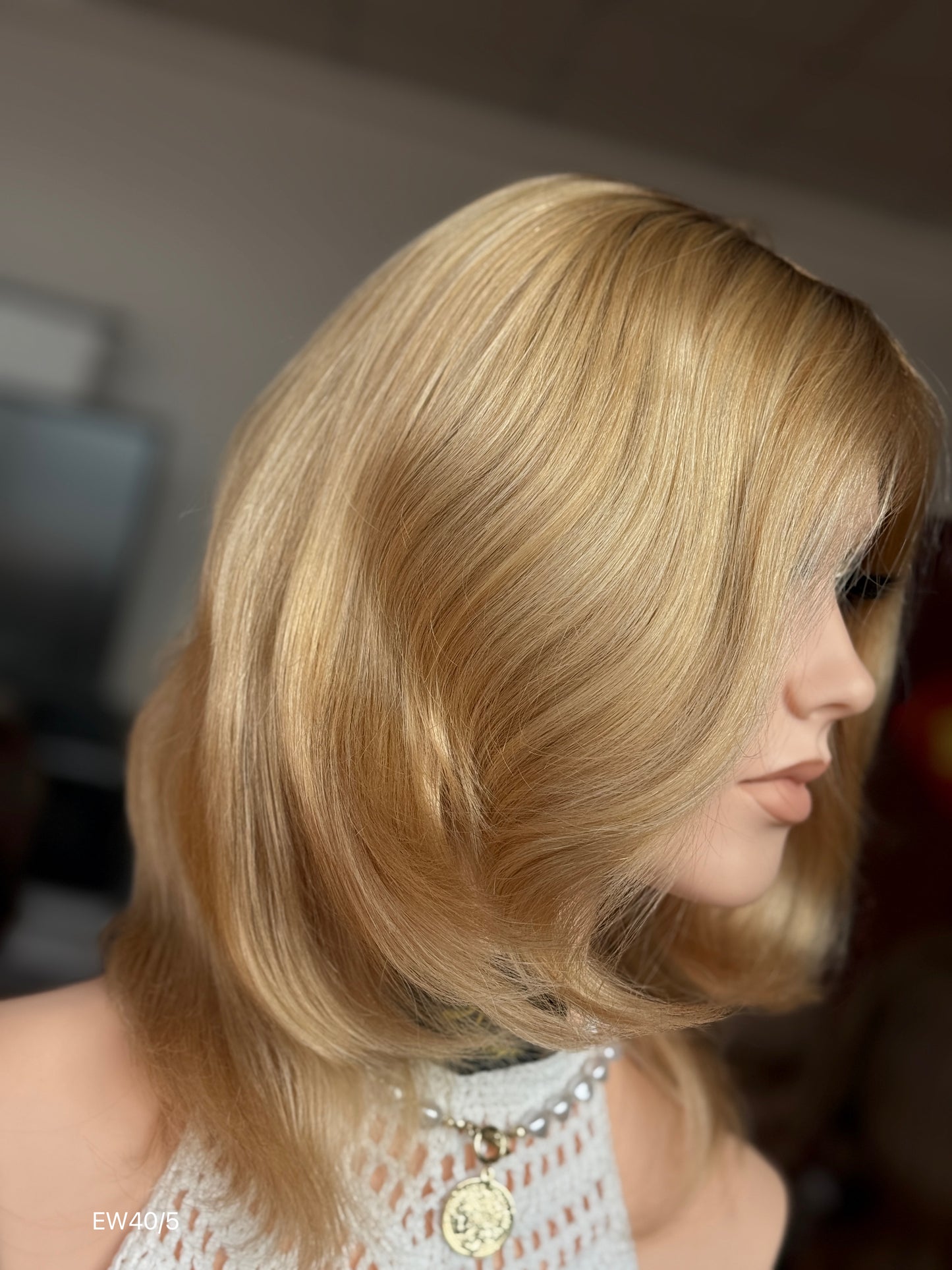 Honey Blonde Medium-Length Wavy Silk Top Human Hair Medical Wig - Europe Dispatch - wearing and style detail