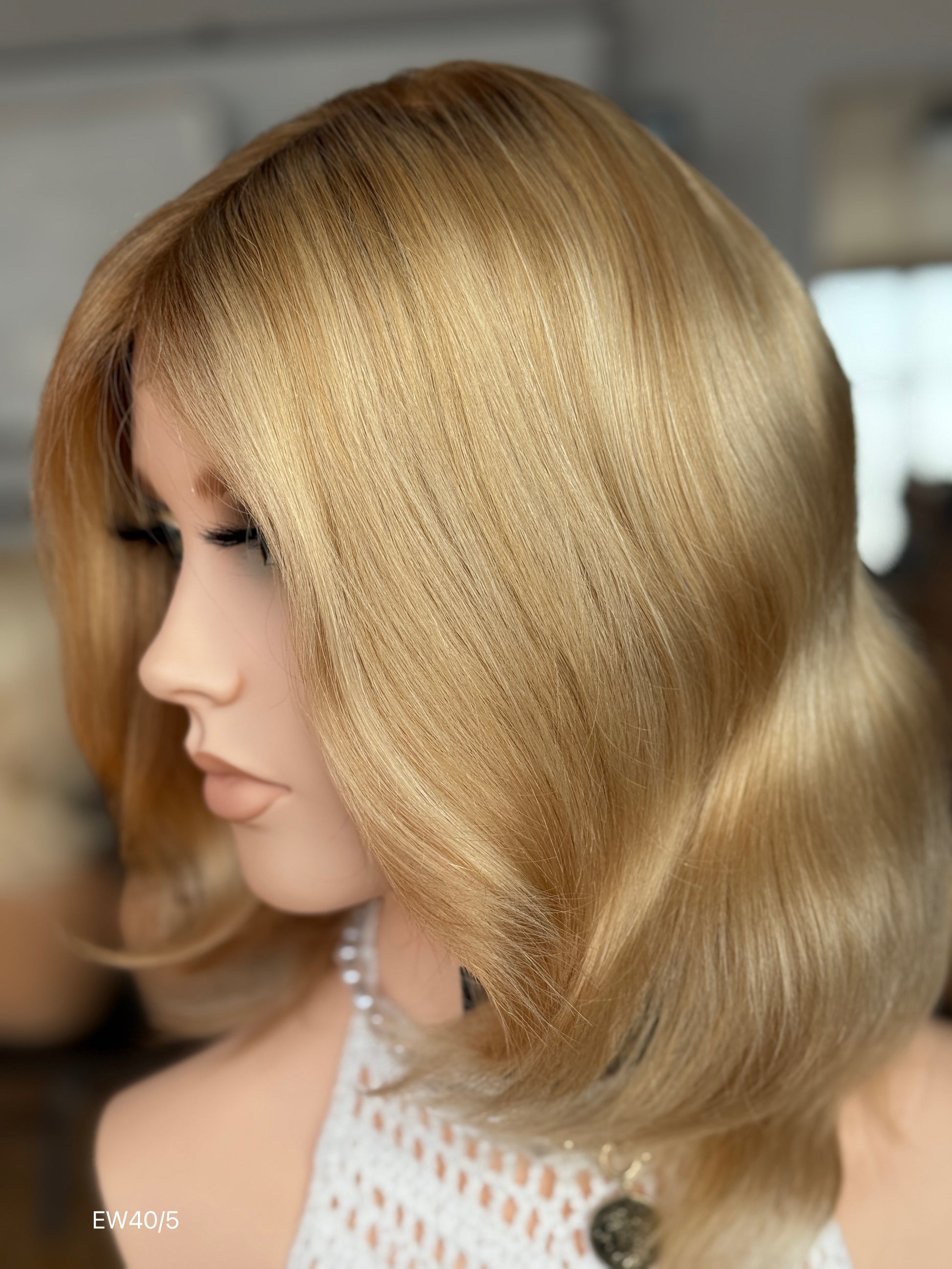 Honey Blonde Medium-Length Wavy Silk Top Human Hair Medical Wig - Europe Dispatch - wearing and style detail