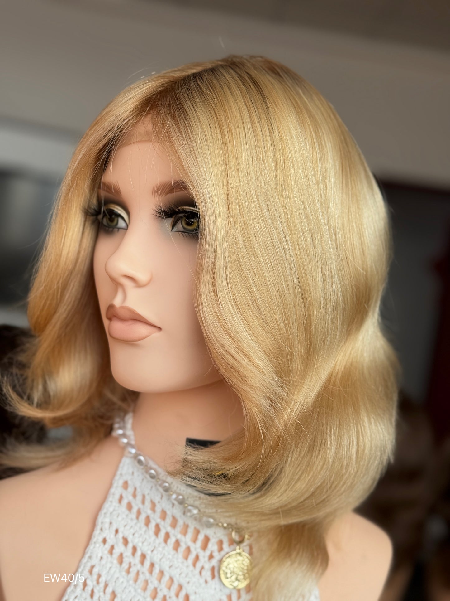 Honey Blonde Medium-Length Wavy Silk Top Human Hair Medical Wig - Europe Dispatch - wearing and style detail