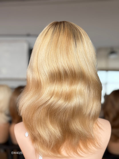 Honey Blonde Medium-Length Wavy Silk Top Human Hair Medical Wig - Europe Dispatch - wearing and style detail