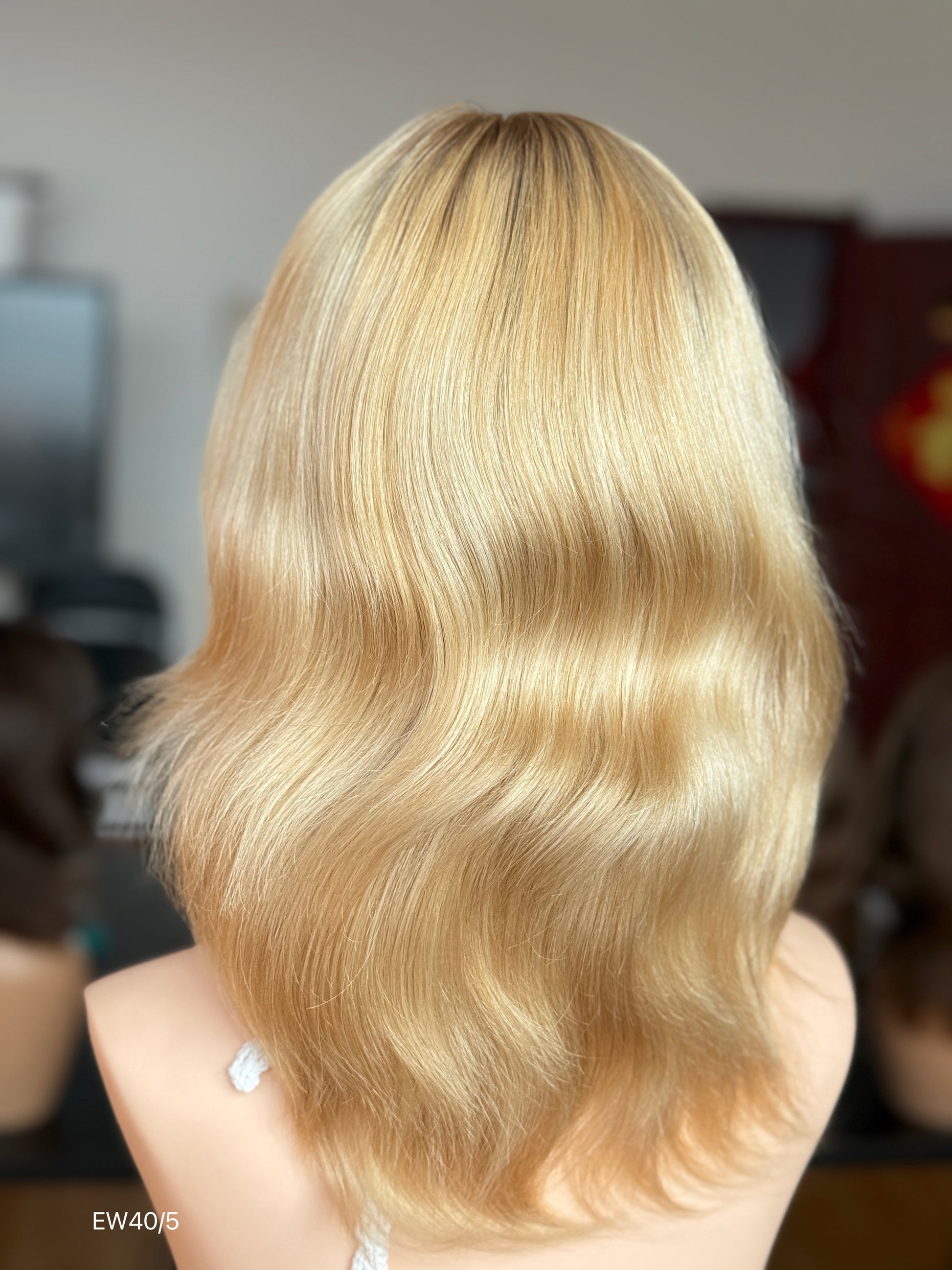Honey Blonde Medium-Length Wavy Silk Top Human Hair Medical Wig - Europe Dispatch - wearing and style detail