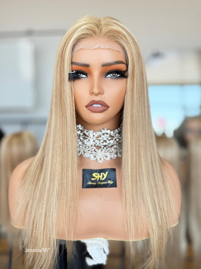 Jessica 16 Inch Blonde Full Hand-Tied Human Hair Medical Wig - front view