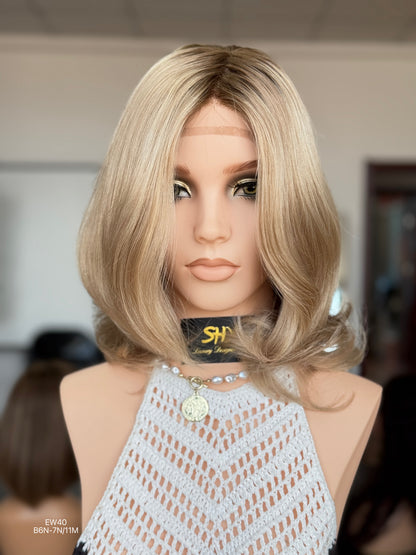 Rooted Ash Beige Blonde Shoulder-Length Layered Silk Top Human Hair Medical Wig - Europe Dispatch - featured wearing view
