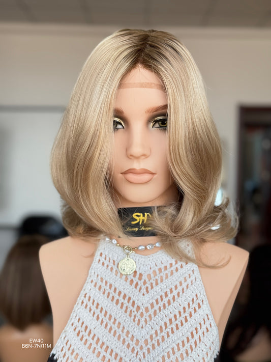 Rooted Ash Beige Blonde Shoulder-Length Layered Silk Top Human Hair Medical Wig - Europe Dispatch - featured wearing view