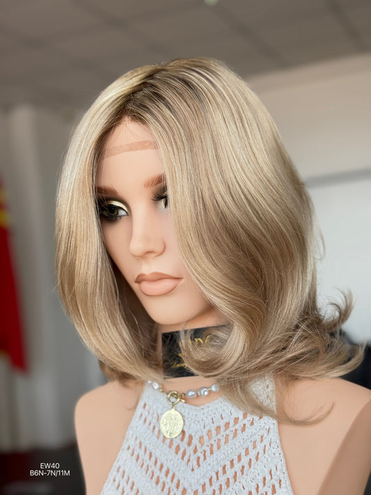 Rooted Ash Beige Blonde Shoulder-Length Layered Silk Top Human Hair Medical Wig - Europe Dispatch - wearing and style detail — alternate view