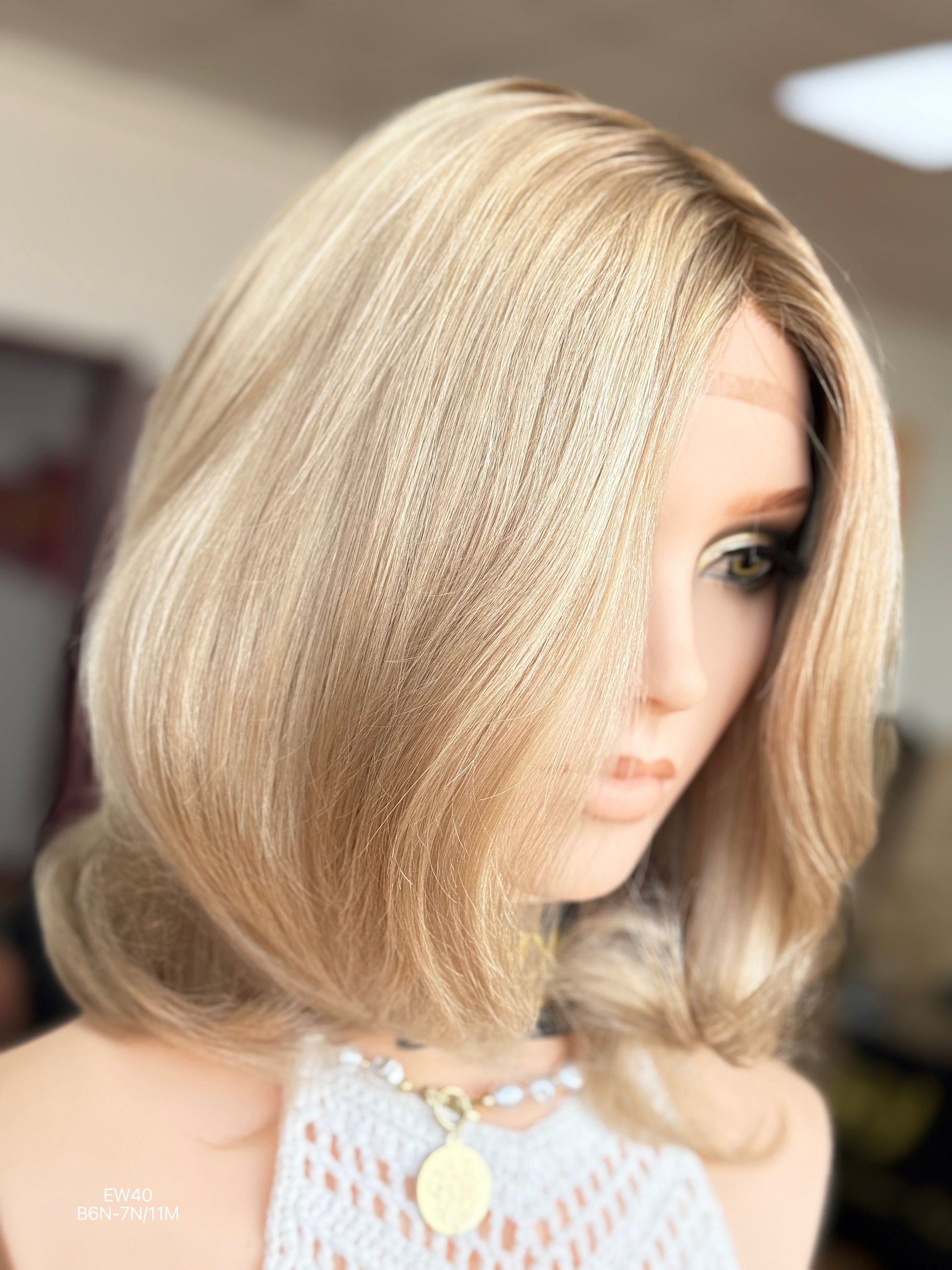 Rooted Ash Beige Blonde Shoulder-Length Layered Silk Top Human Hair Medical Wig - Europe Dispatch - wearing and style detail