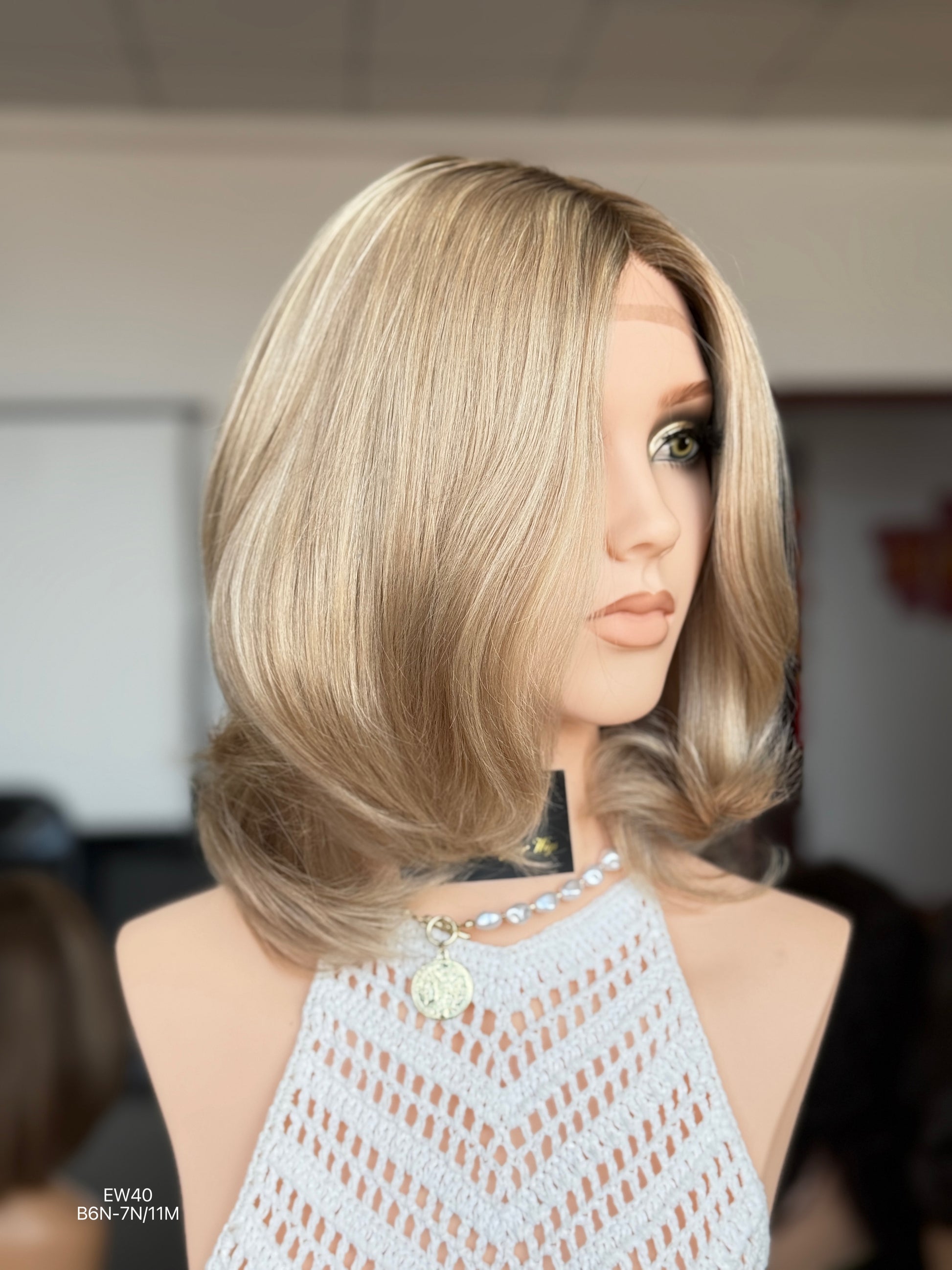 Rooted Ash Beige Blonde Shoulder-Length Layered Silk Top Human Hair Medical Wig - Europe Dispatch - wearing and style detail