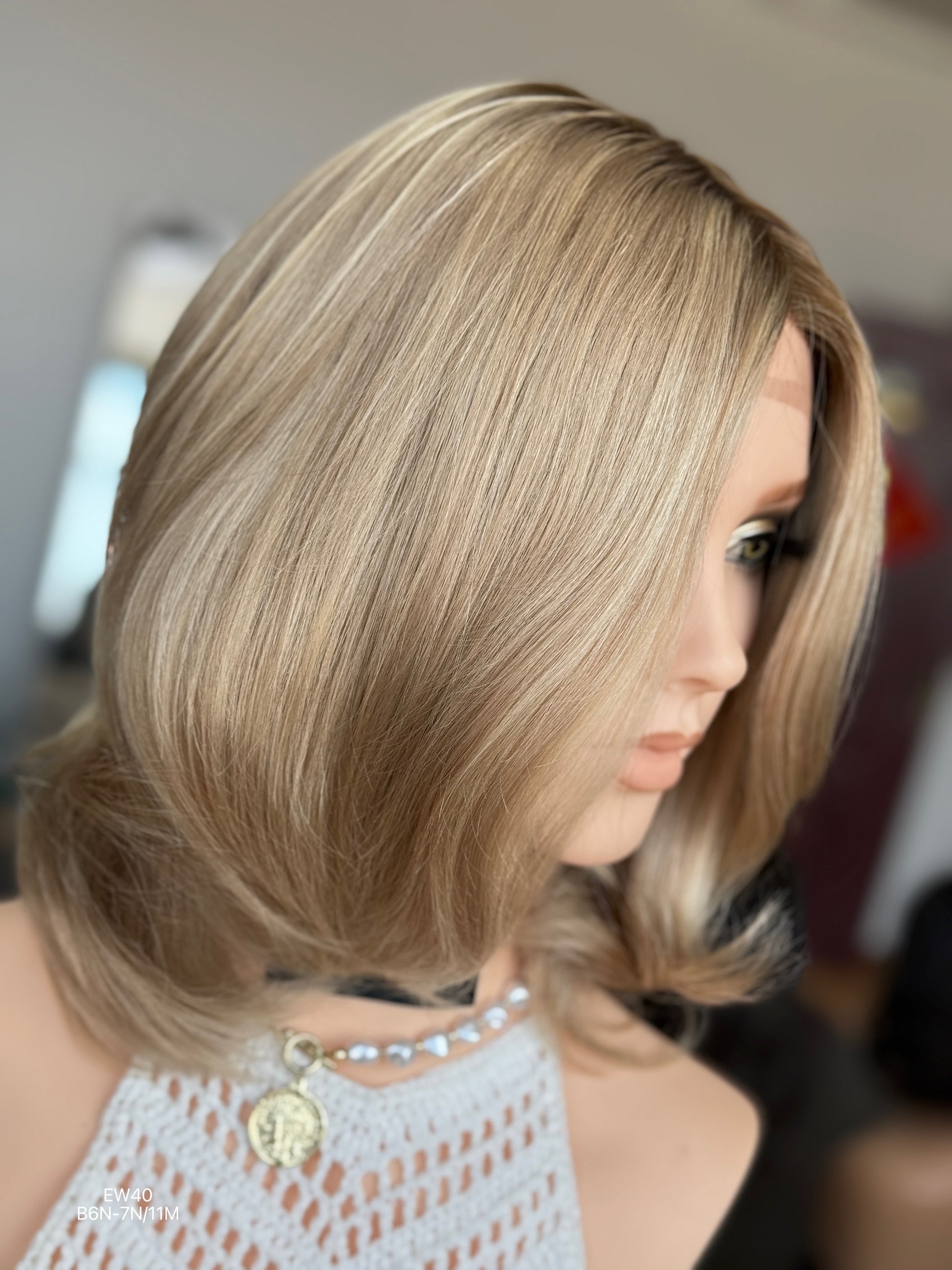 Rooted Ash Beige Blonde Shoulder-Length Layered Silk Top Human Hair Medical Wig - Europe Dispatch - wearing and style detail