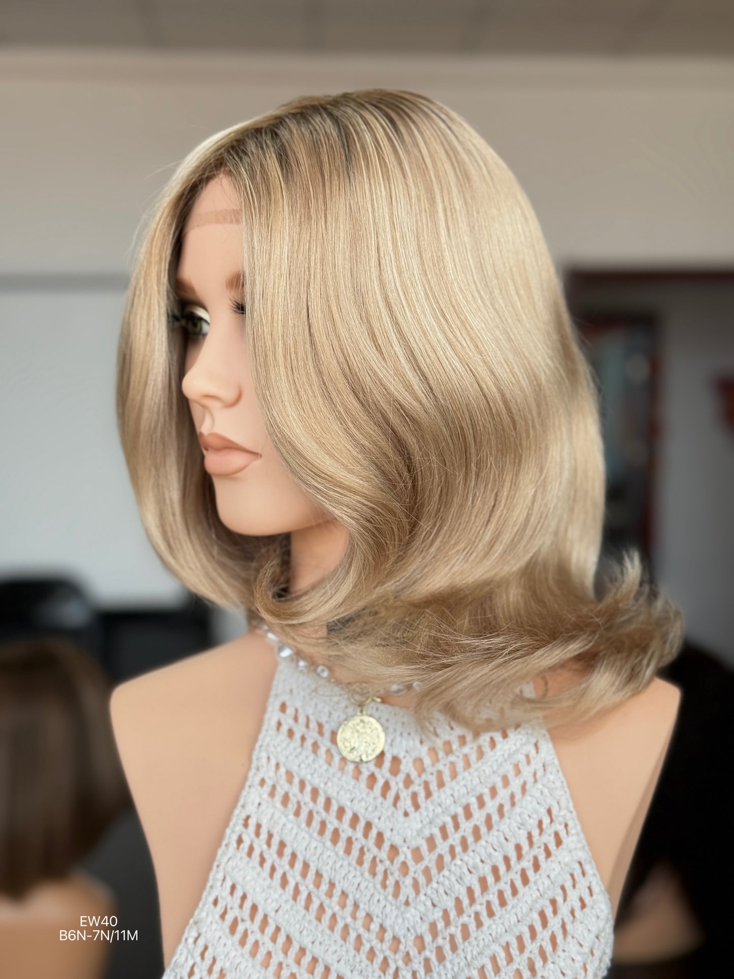 Rooted Ash Beige Blonde Shoulder-Length Layered Silk Top Human Hair Medical Wig - Europe Dispatch - wearing and style detail