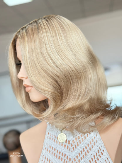 Rooted Ash Beige Blonde Shoulder-Length Layered Silk Top Human Hair Medical Wig - Europe Dispatch - wearing and style detail