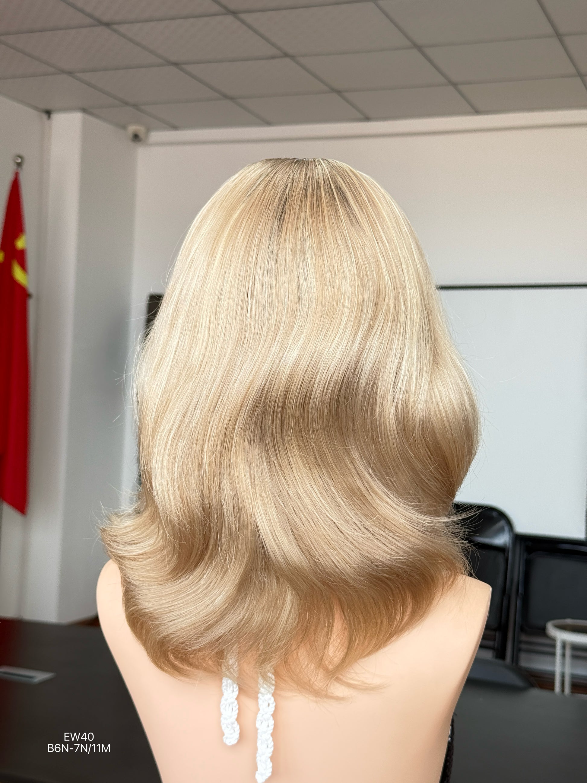 Rooted Ash Beige Blonde Shoulder-Length Layered Silk Top Human Hair Medical Wig - Europe Dispatch - wearing and style detail