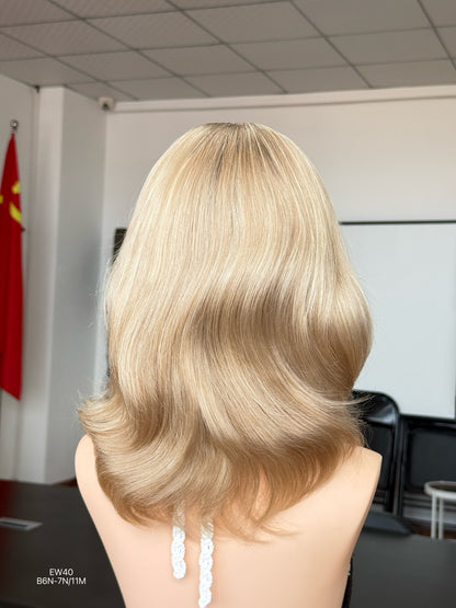 Rooted Ash Beige Blonde Shoulder-Length Layered Silk Top Human Hair Medical Wig - Europe Dispatch - wearing and style detail