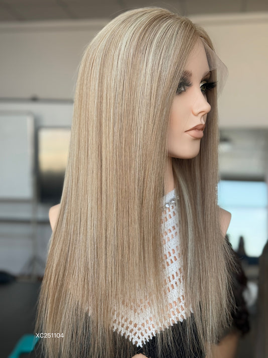 Blonde Full Hand-Tied Human Hair Medical Wig - Style 002 - detail view — alternate view