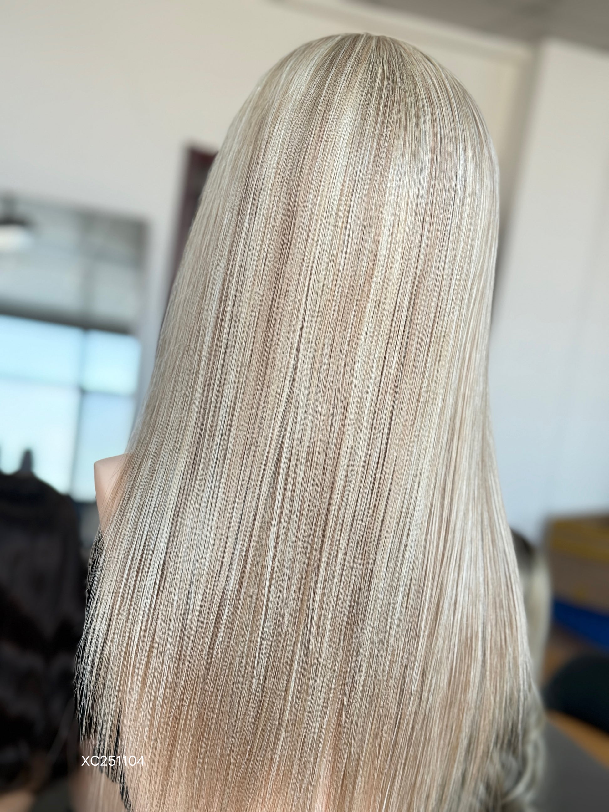 Blonde Full Hand-Tied Human Hair Medical Wig for Alopecia - Natural Hairline Sample 002 - medical wig detail view