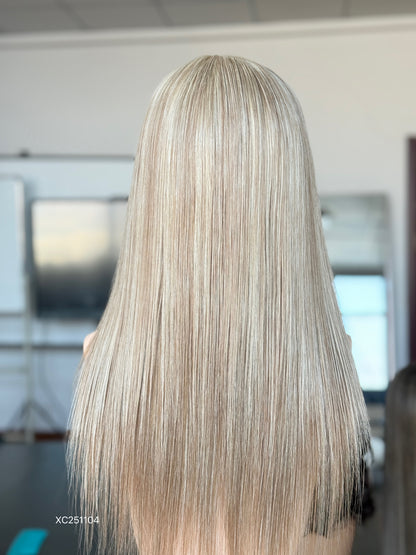 Blonde Full Hand-Tied Human Hair Medical Wig for Alopecia - Natural Hairline Sample 002 - medical wig detail view