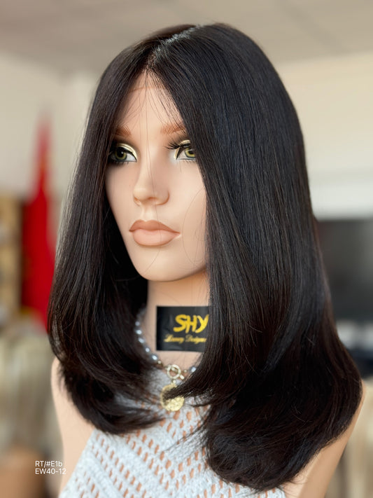 Natural Black Long Layered Silk Top Human Hair Medical Wig - Europe Dispatch - wearing and style detail — alternate view