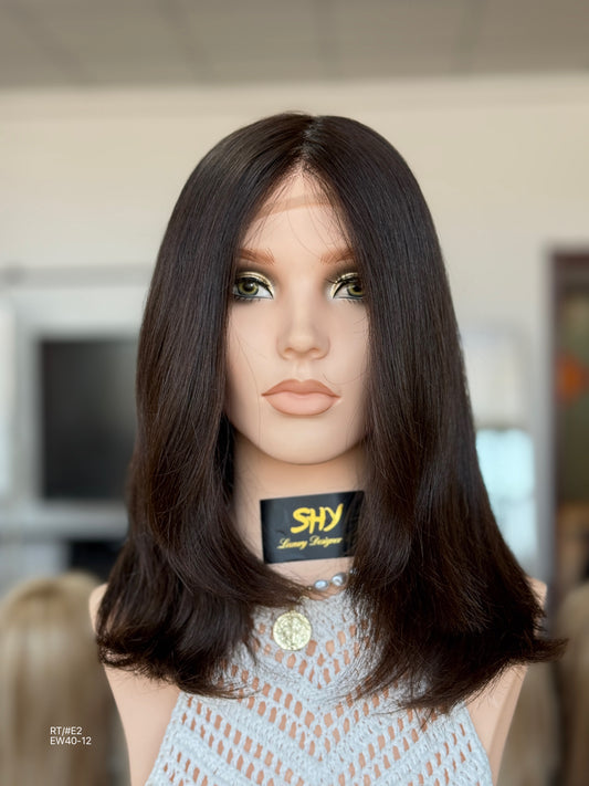 Dark Chocolate Brown Medium-Length Layered Silk Top Human Hair Medical Wig - Europe Dispatch - featured wearing view