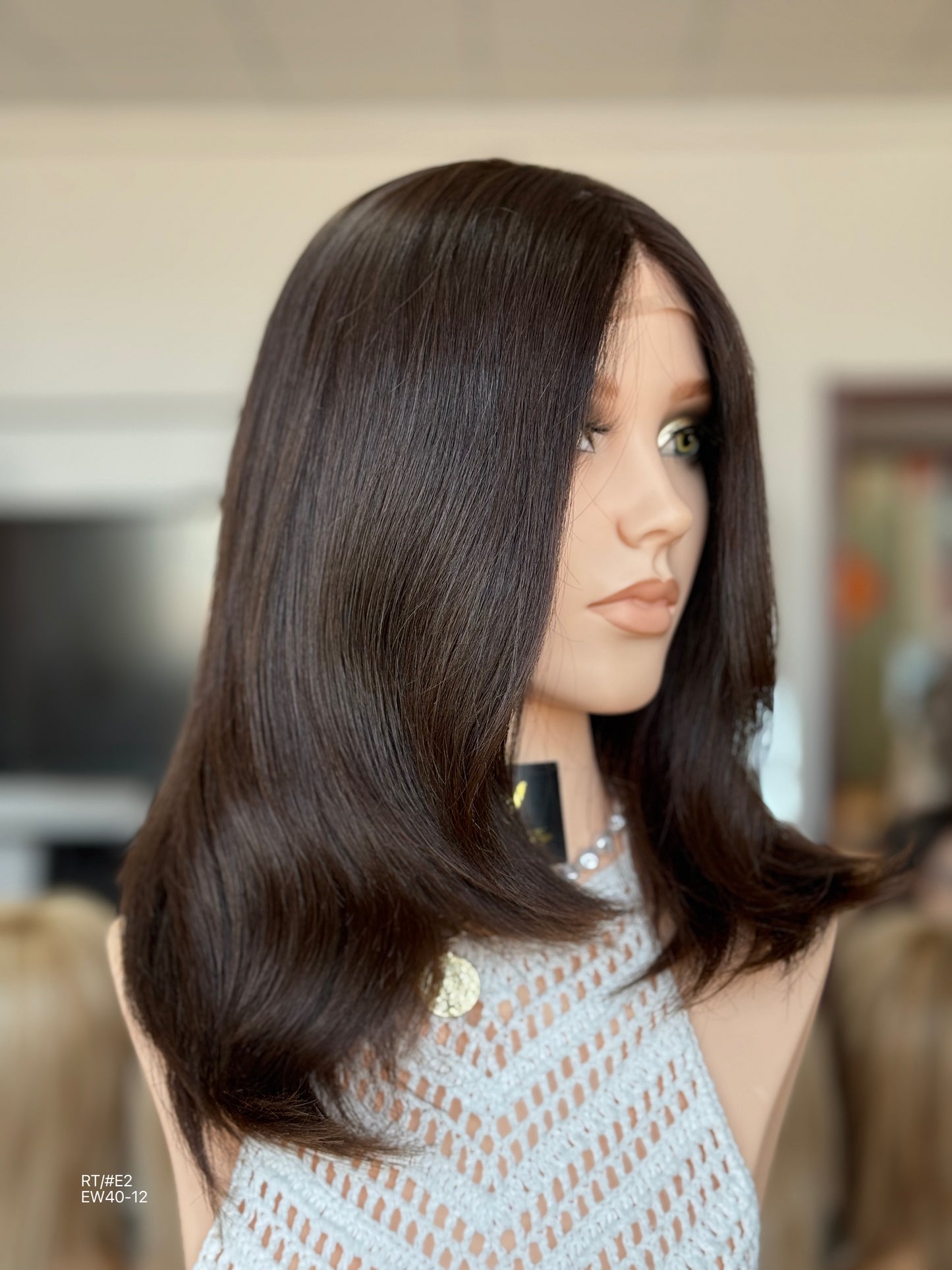 Dark Chocolate Brown Medium-Length Layered Silk Top Human Hair Medical Wig - Europe Dispatch - wearing and style detail