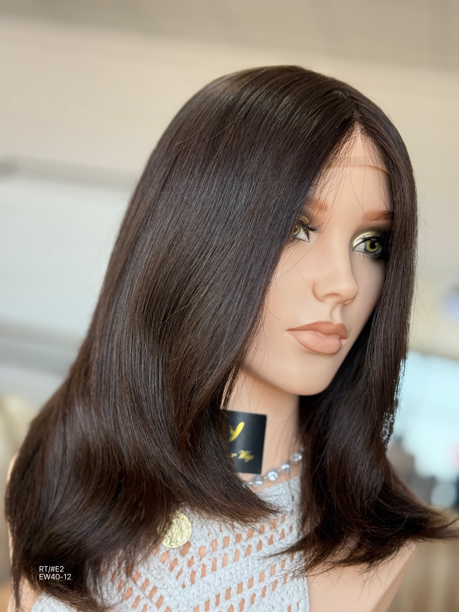 Dark Chocolate Brown Medium-Length Layered Silk Top Human Hair Medical Wig - Europe Dispatch - wearing and style detail