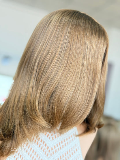 Warm Chestnut Brown Long Layered Silk Top Human Hair Medical Wig - Europe Dispatch - wearing and style detail