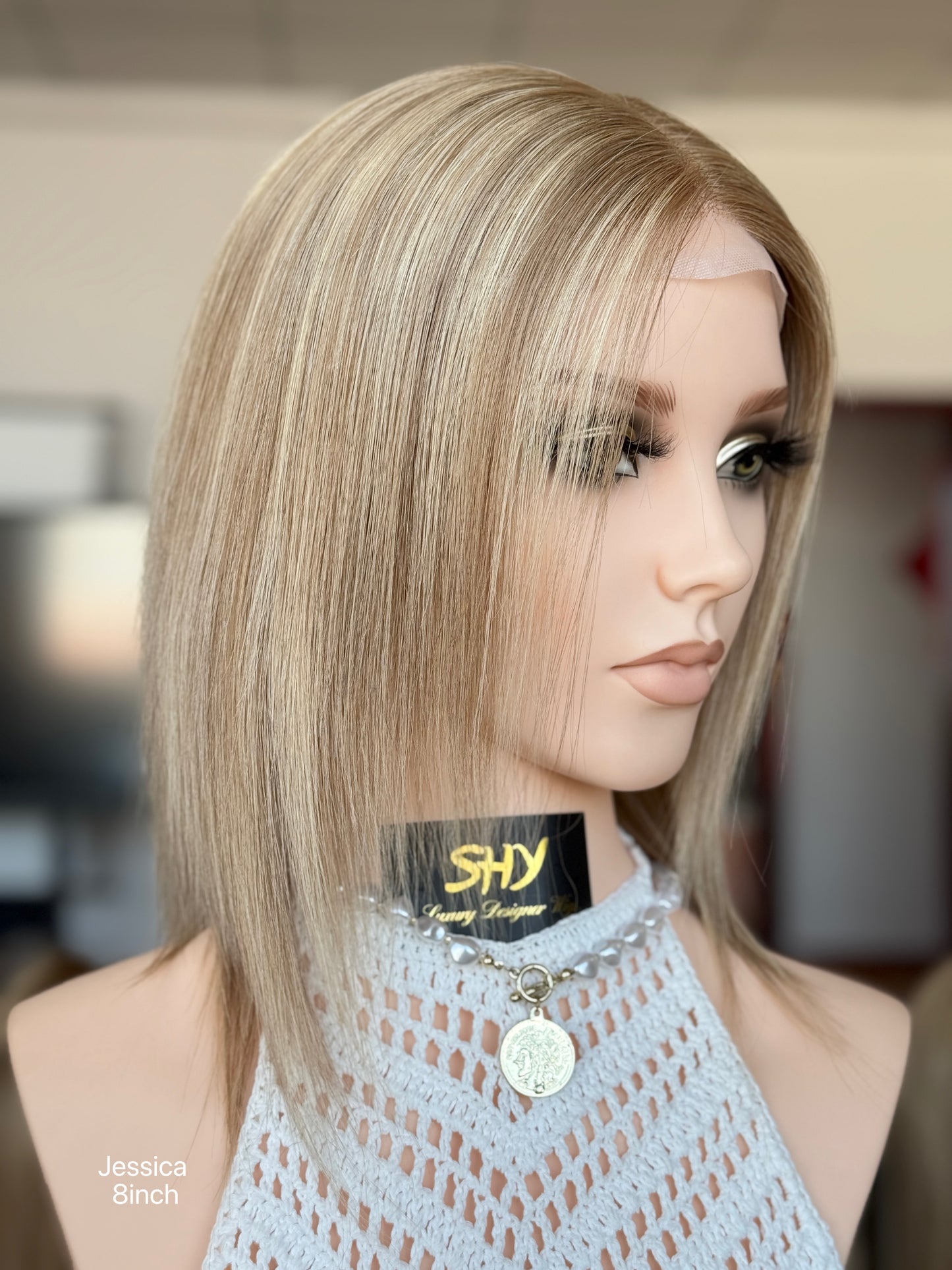 Blonde Full Hand-Tied Human Hair Medical Wig - Style 010 - detail view